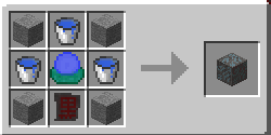 Blood Magic - Craft de la Rune of Dislocation : un Magician's Blood Orb au centre, des seaux d'eau (les seaux ne sont pas consommés dans le craft) en haut, à gauche et à droite, une Imbued Slate en bas et de la Stone dans les coins.