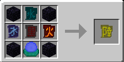 Blood Magic - Craft du Sigil of Elemental Affinity : une Imbued Slate au centre, un Air Sigil en haut, un Water Sigil  à gauche, un Lava Sigil à droite, Un Magician's Blood Orb en bas et 4 obsidiennes dans les coins.