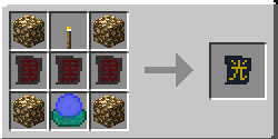 Blood Magic - Craft du Blood Lamp Sigil : Trois Imbued Slates au centre, un Macian's Blood Orb en bas, une torche en haut, de la Glowstone dans les coins.