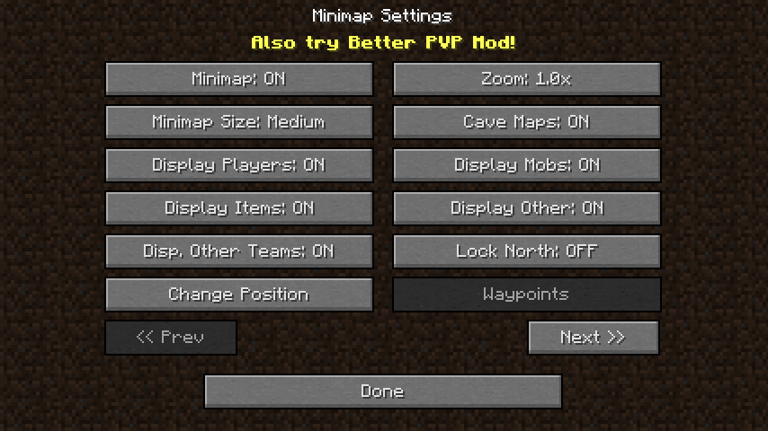 Le menu des options du mod Xaero's Minimap
