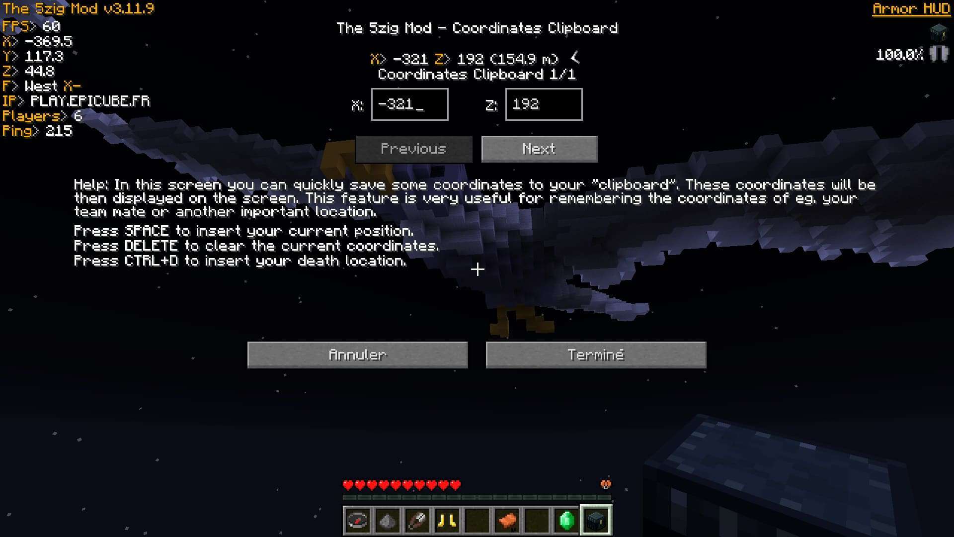 menu de coordonnés de 5zig Mod