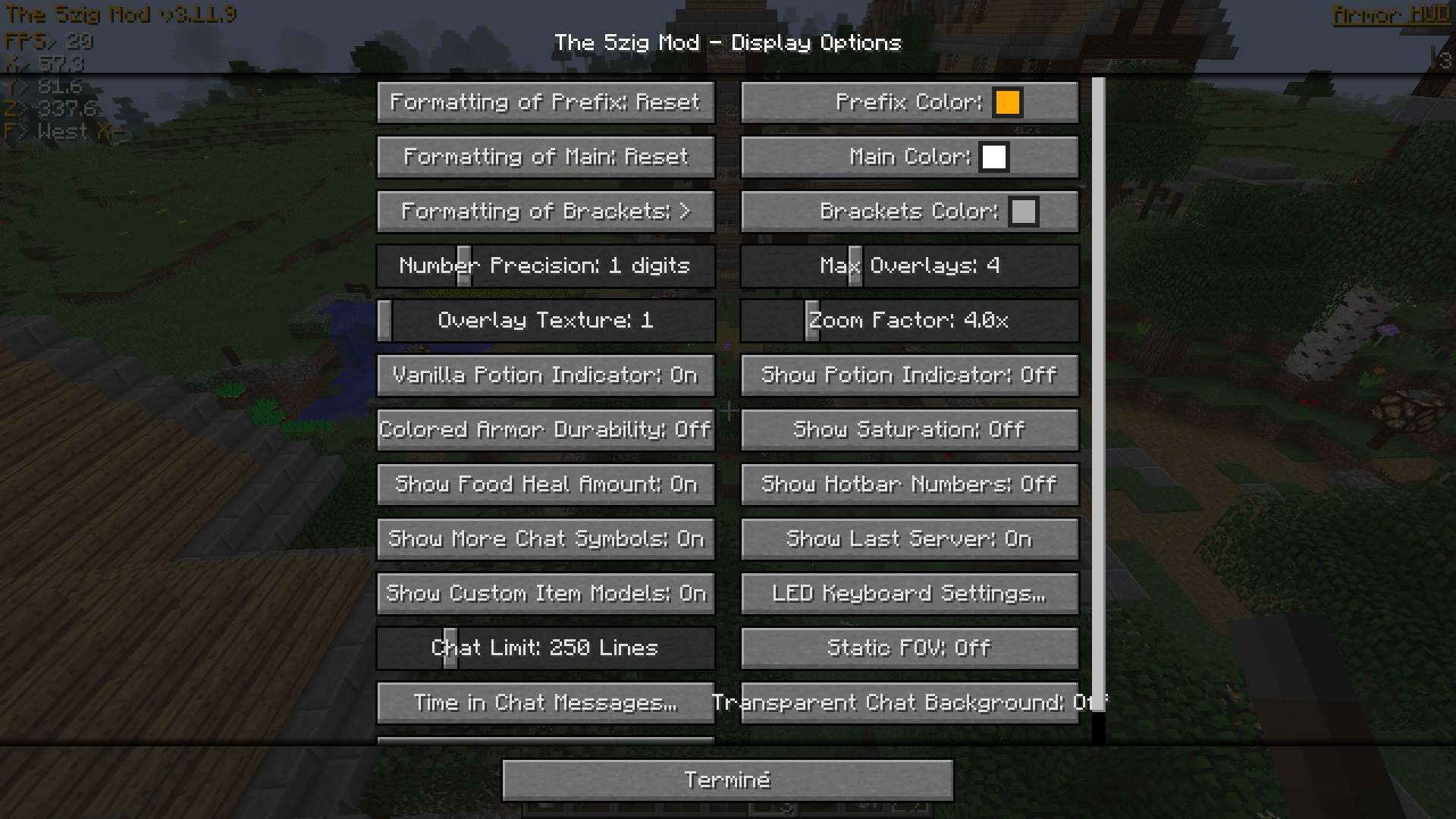 liste des options de personnalisation de 5zig Mod