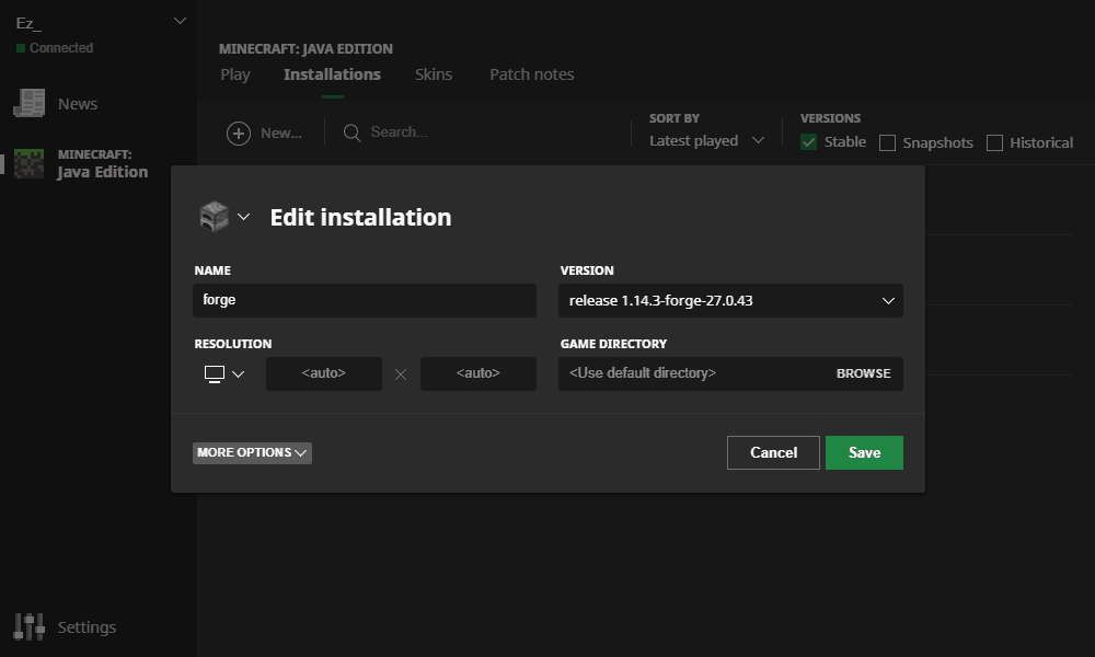 Allouer de la ram à Minecraft : Option du profil dans le launcher Minecraft