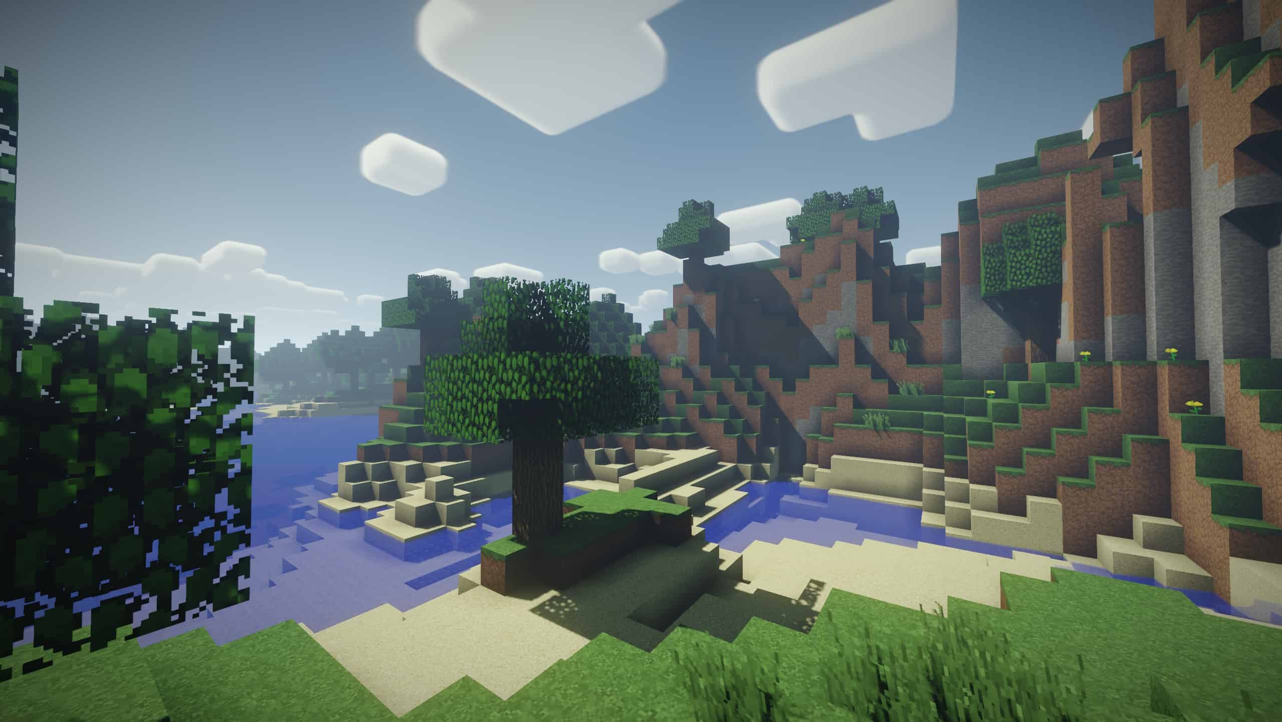 Un paysage classique de Minecraft avec le shader Nostalgia
