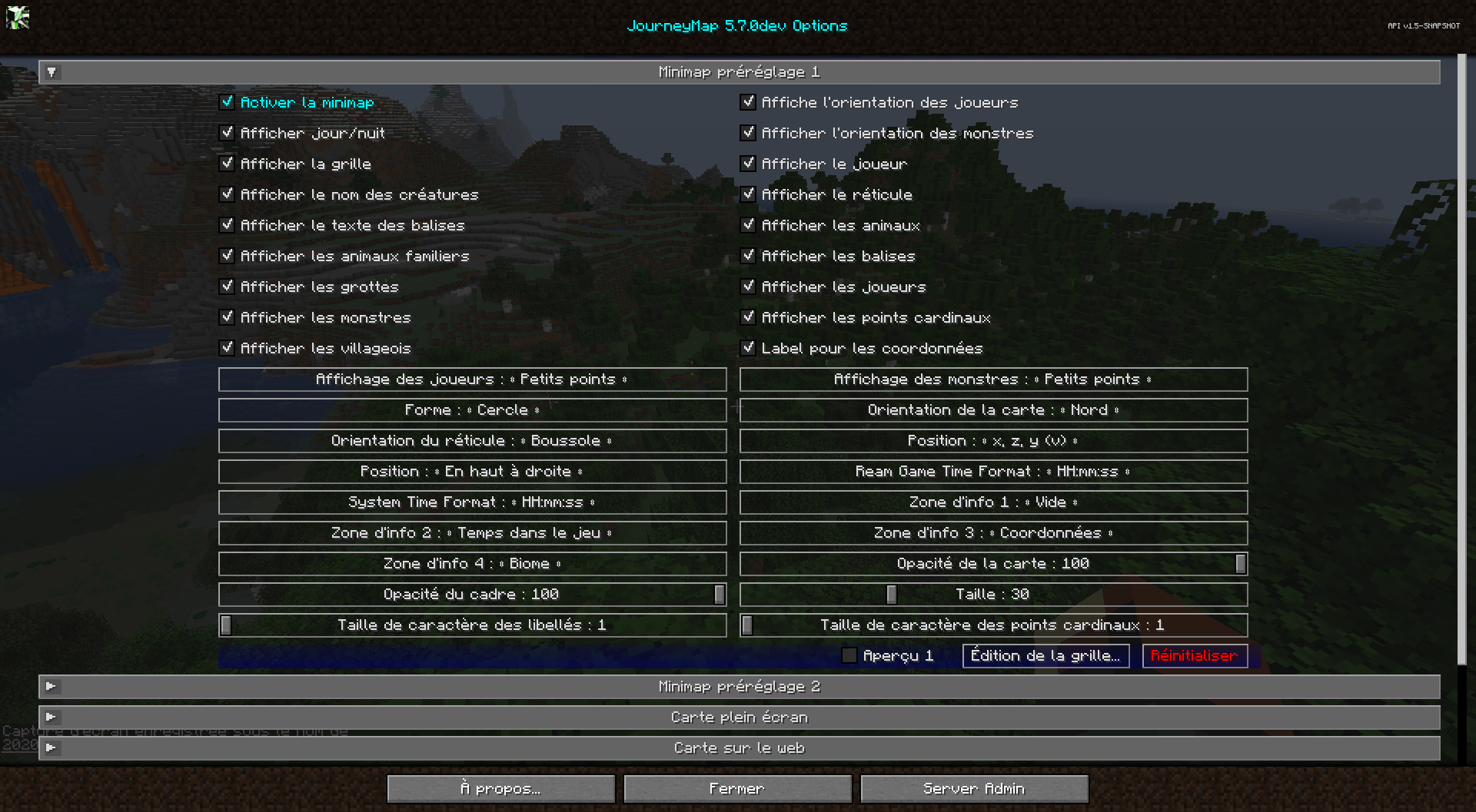 JourneyMap : Menu des différentes options