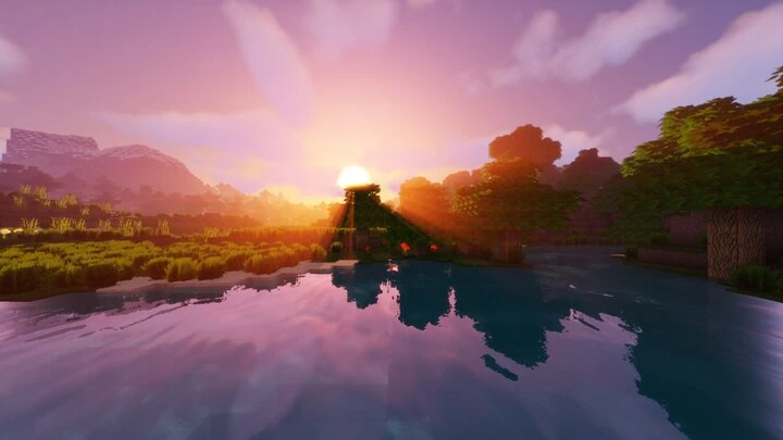 Resource Pack - Pandonis Realistics : Un lever de soleil avec une vue sur l'eau