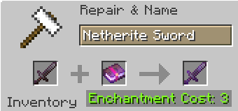 Exemple d’enchantement d’une épée en Netherite via enclume