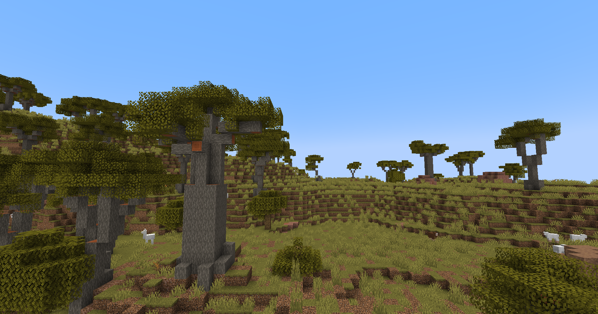 Savane avec baobabs ajoutés par le datapack Arboria.
