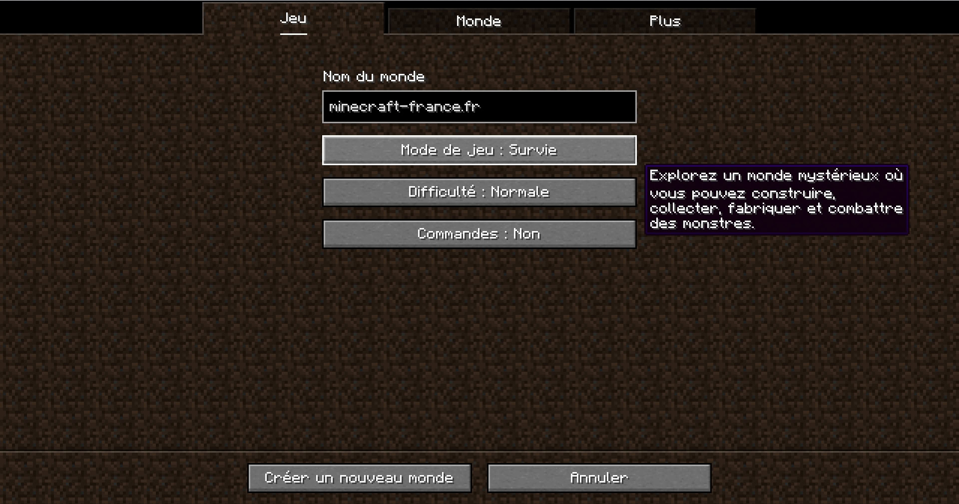 Menu de creation de monde 1.19.4