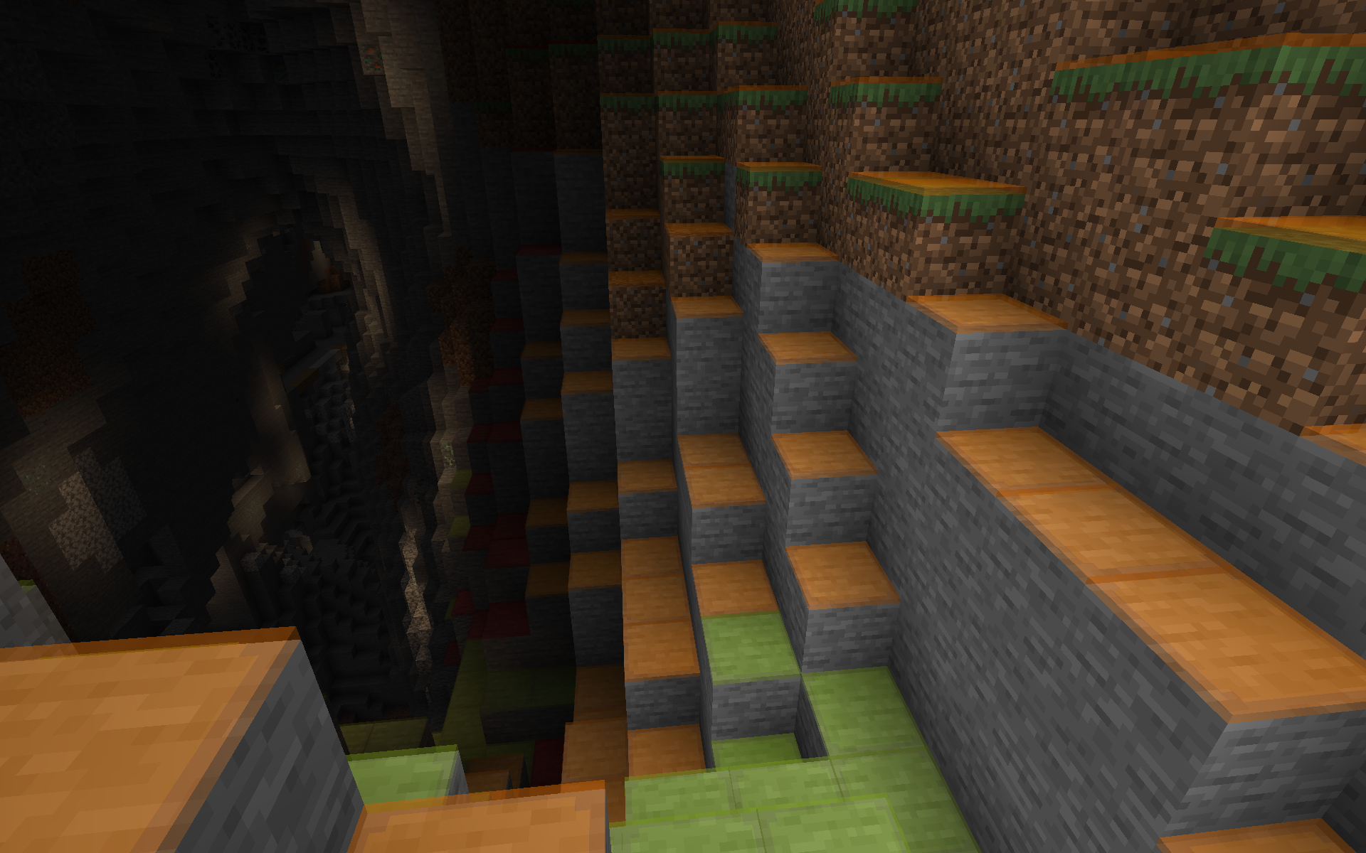 Minecraft Lighty mod indiquant les zones dangereuses dans une caverne.