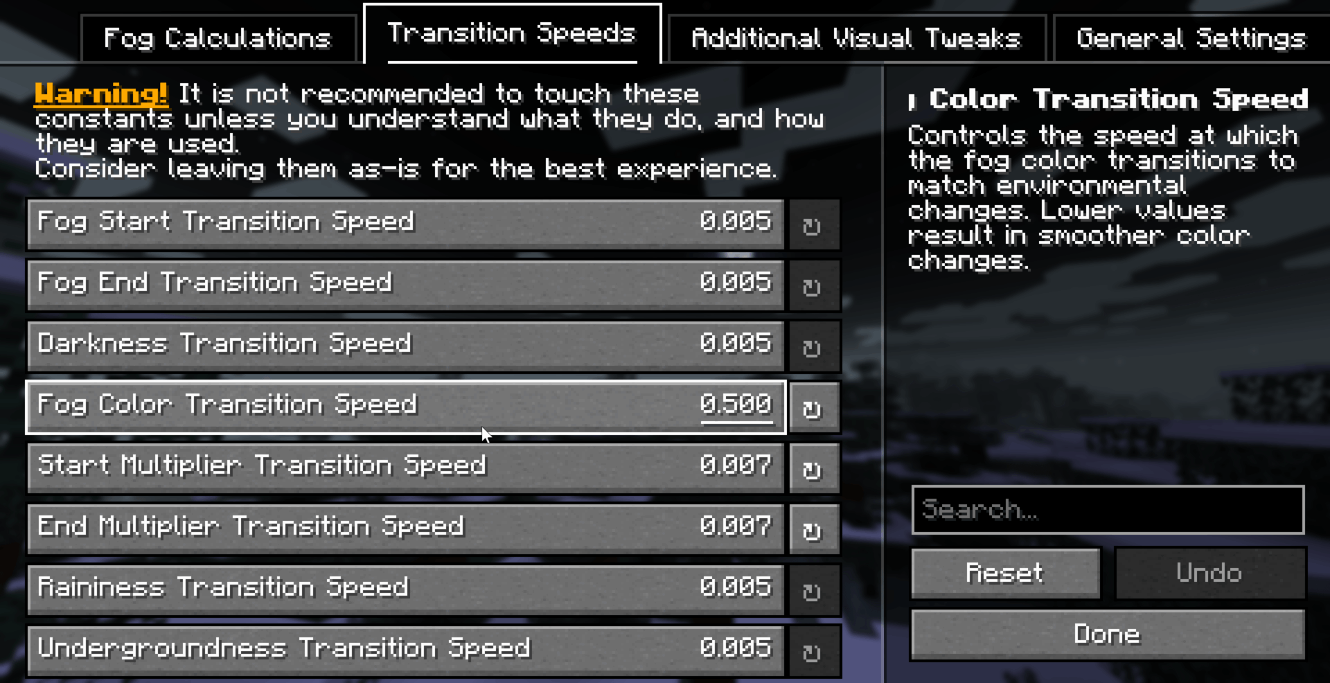 Écran de configuration de Fog (YACL / Mod Menu)