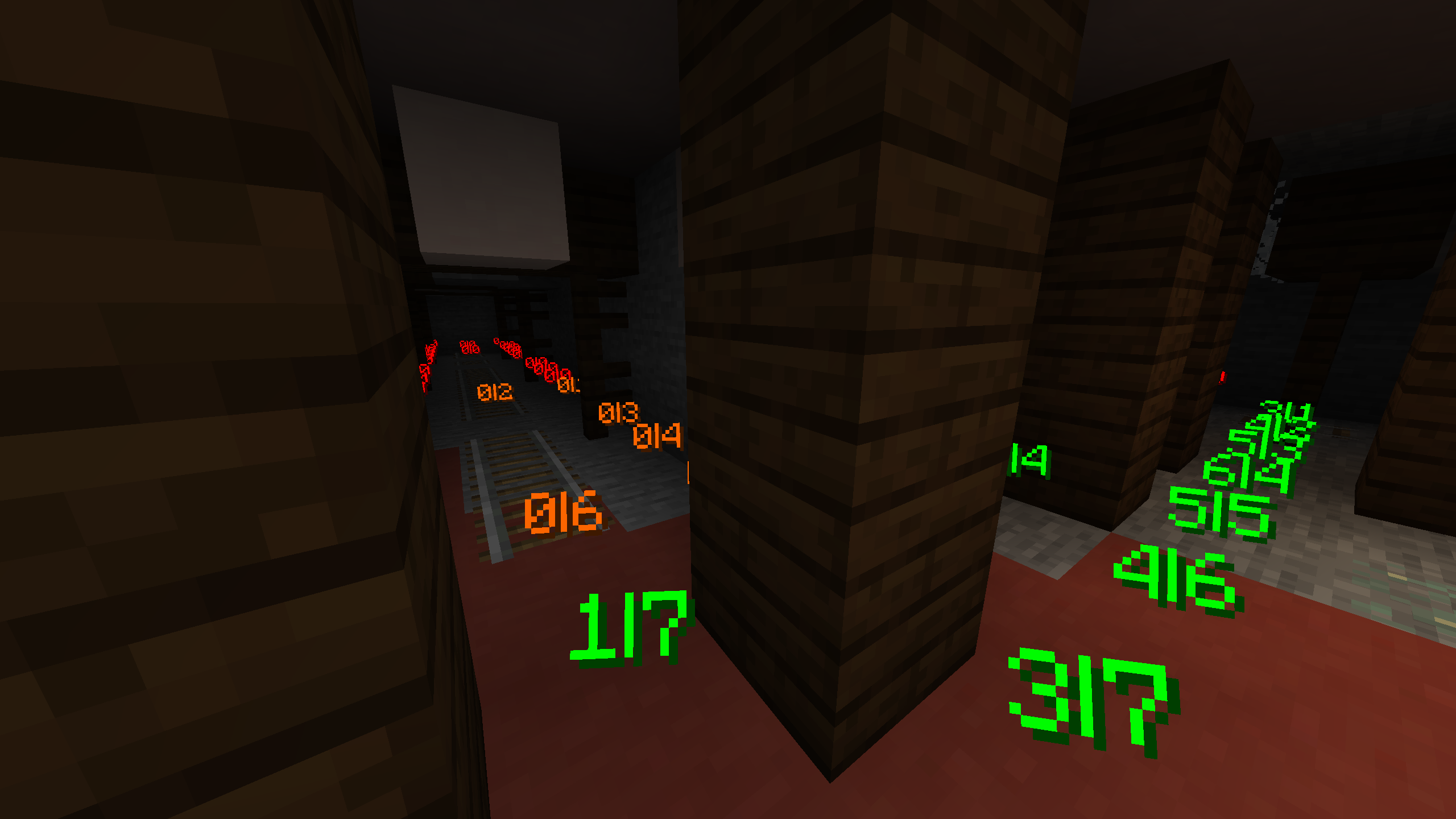 Minecraft Lighty mod en mode Number Mode affichant les niveaux de lumière sous forme de chiffres.
