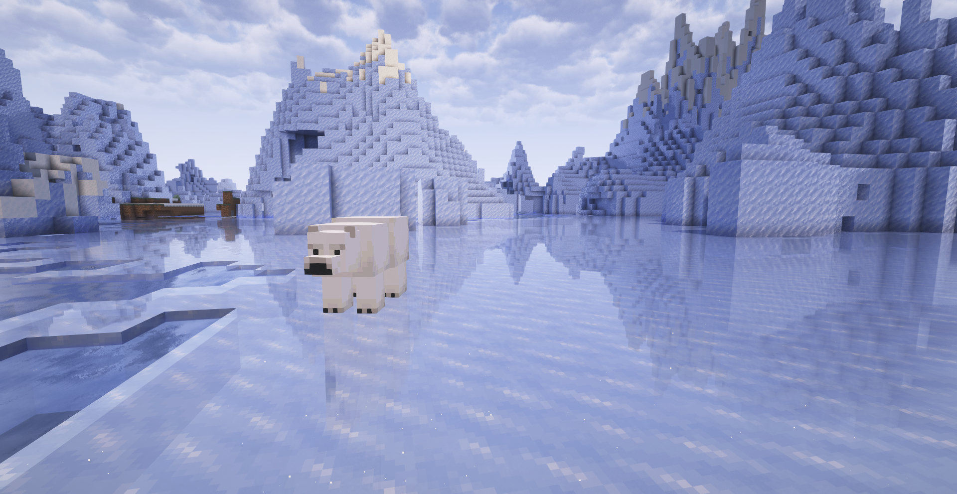 Ours polaire sur un lac gelé dans un biome glacé de Minecraft avec Luminara Shader