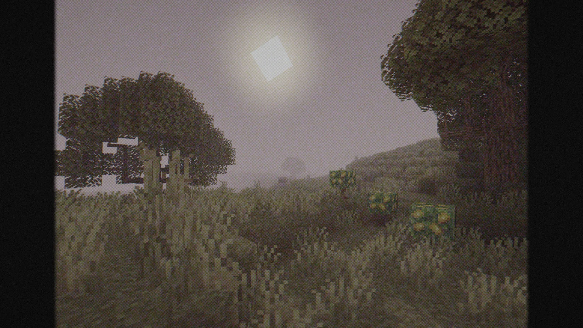 Paysage de jour avec le shader Cursed Fog activé dans Minecraft