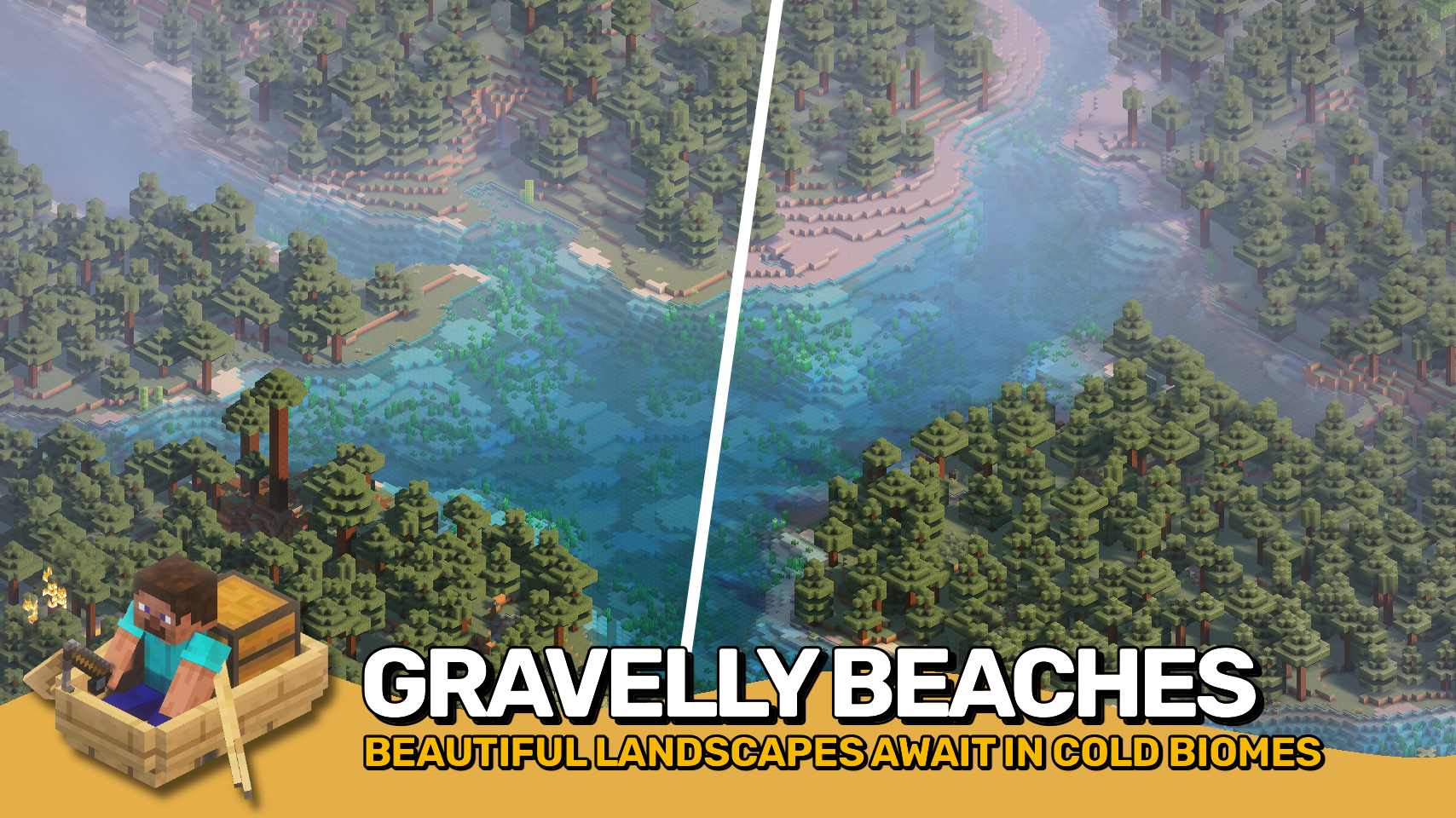 Rivières bordées de graviers dans un biome froid de Minecraft avec le mod Climate Rivers
