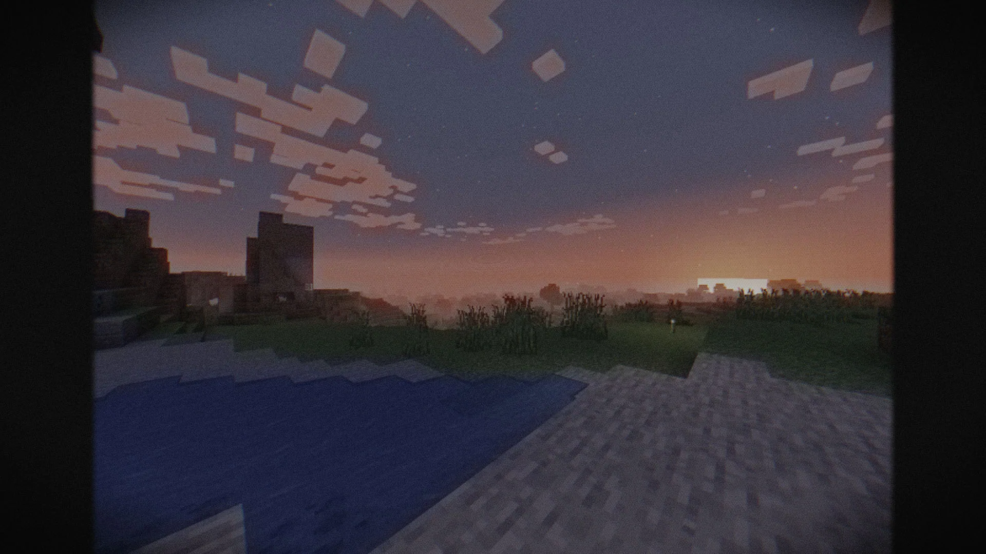 Coucher de soleil filtré par le brouillard du shader Cursed Fog dans Minecraft