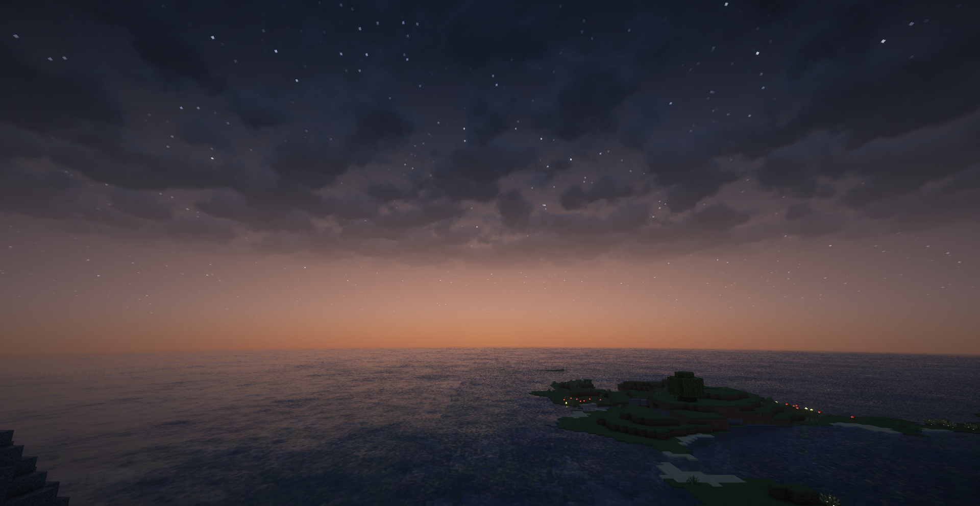 Lever de soleil sur l’océan dans Minecraft avec le shader Luminara