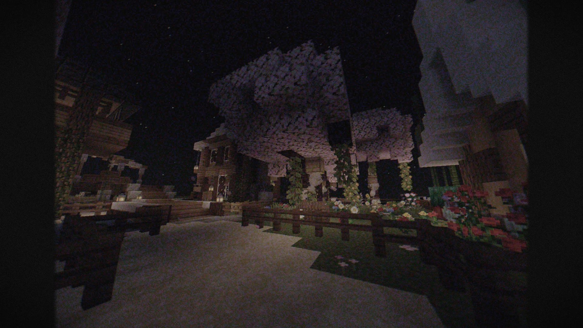 Maison abandonnée rendue lugubre par le shader Cursed Fog dans Minecraft
