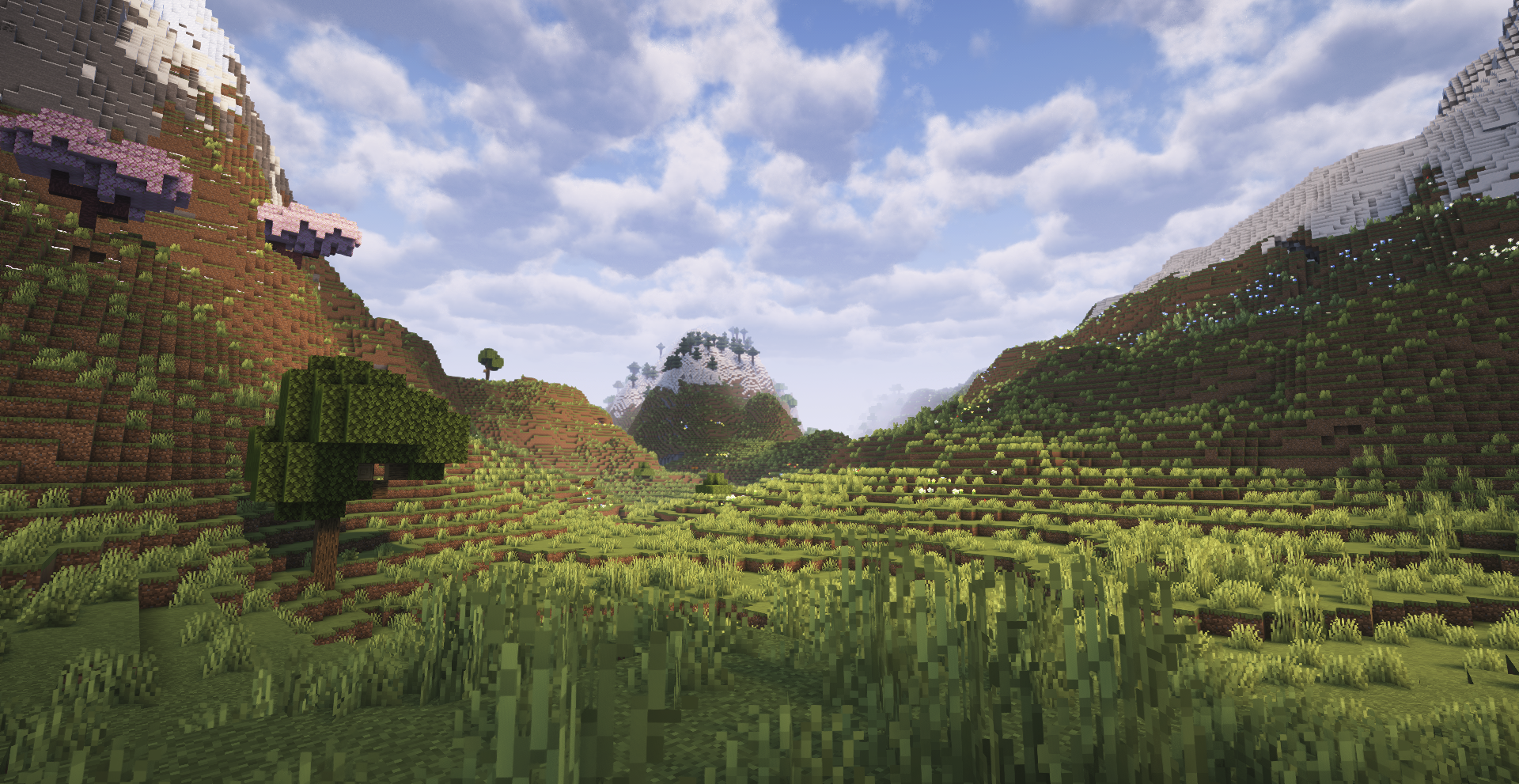 Vallée verdoyante et montagnes éclairées par le soleil dans Minecraft
