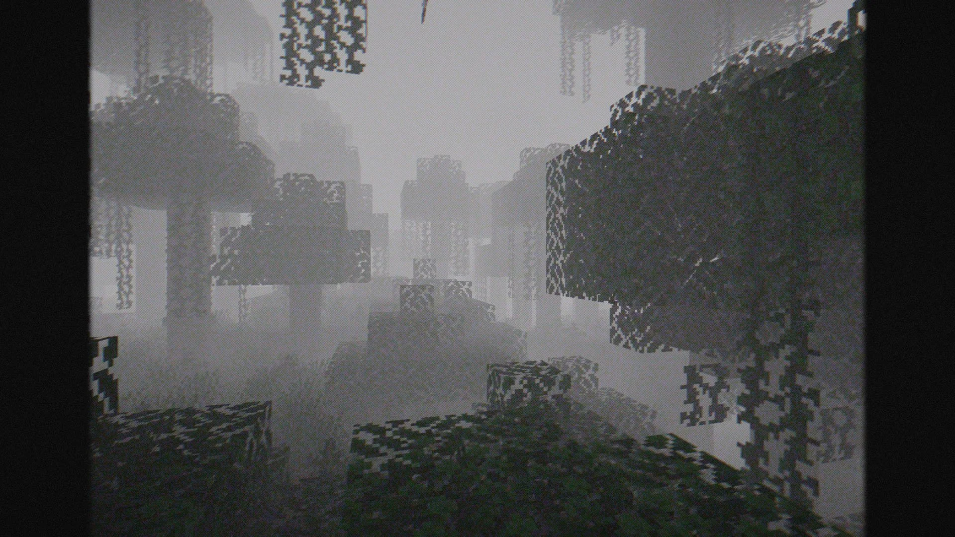 Forêt plongée dans le brouillard avec le shader Cursed Fog dans Minecraft