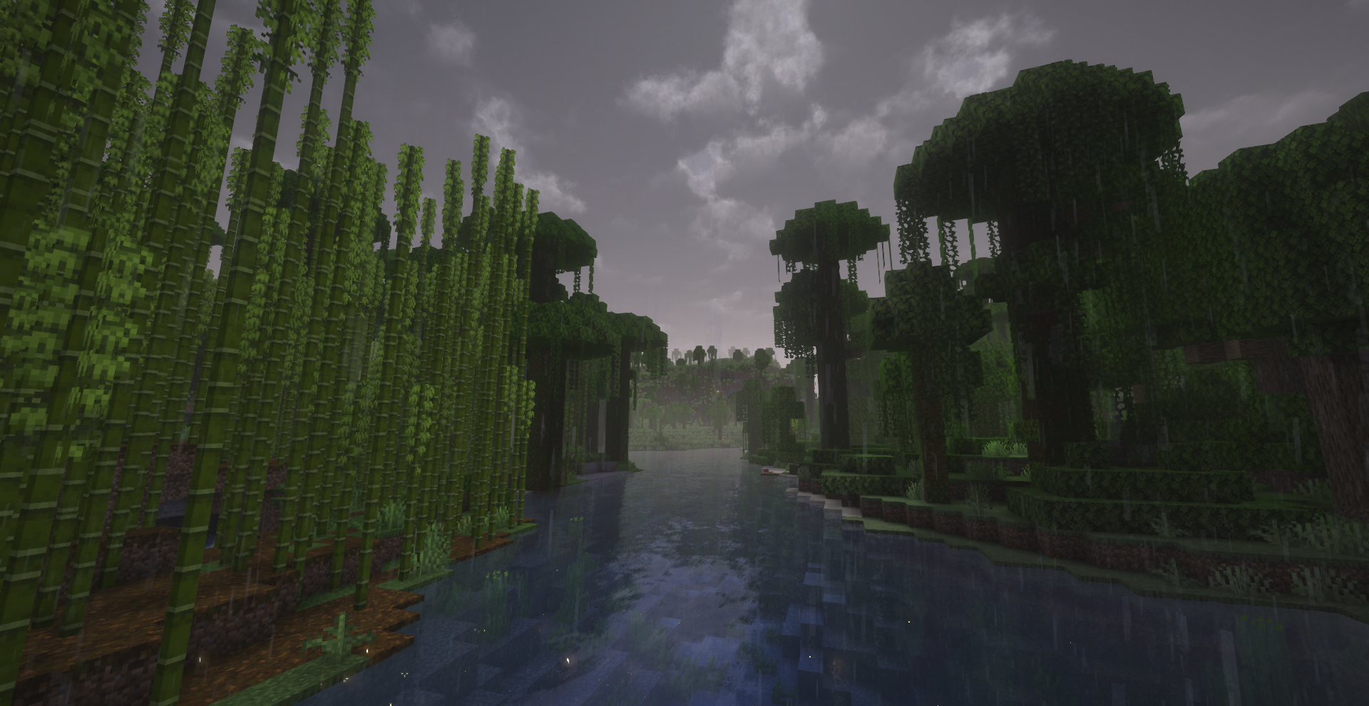 Scène de pluie dans une jungle de Minecraft rendue avec Luminara Shader