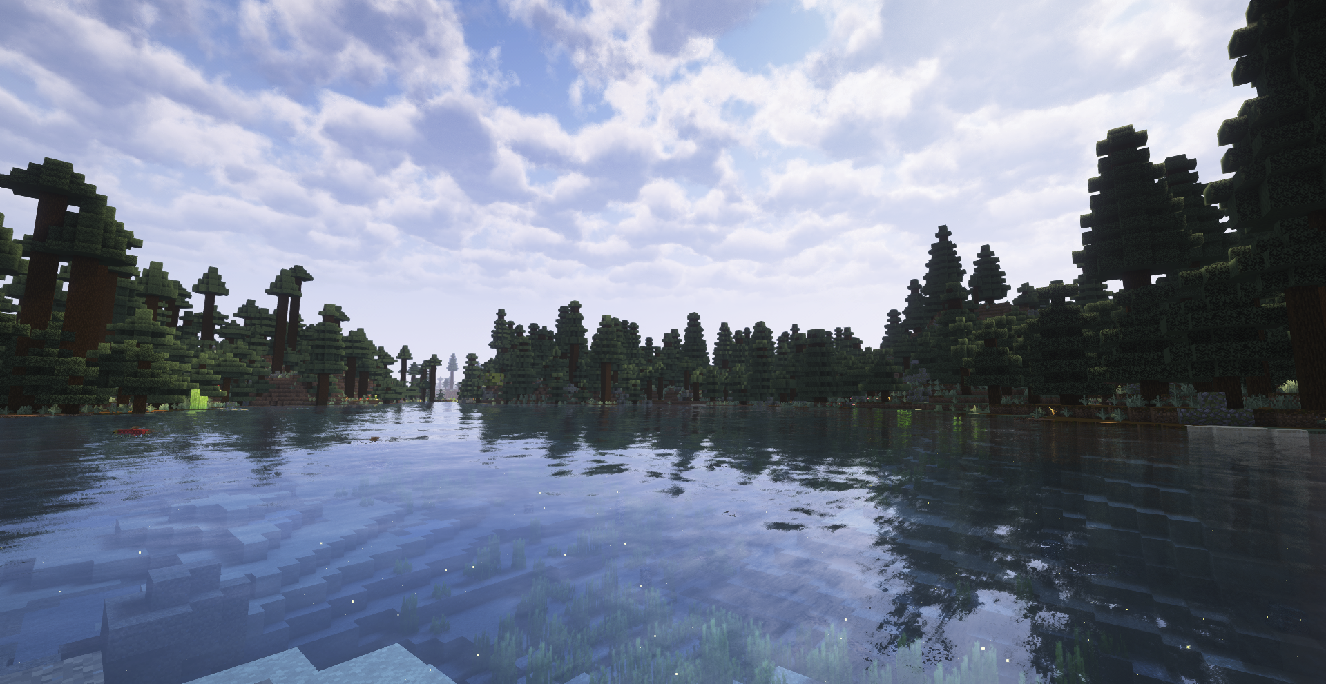 Plan d’eau reflétant les arbres d’une taïga dans Minecraft avec le shader Luminara