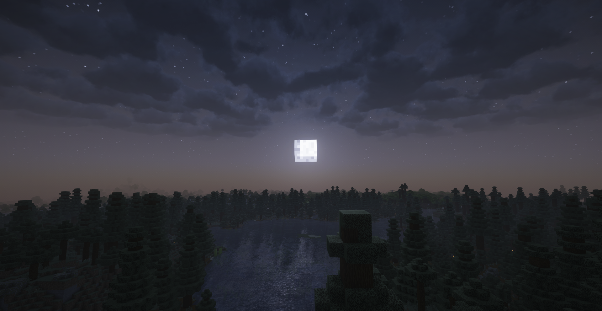 Paysage forestier sous la lune avec le shader Luminara dans Minecraft