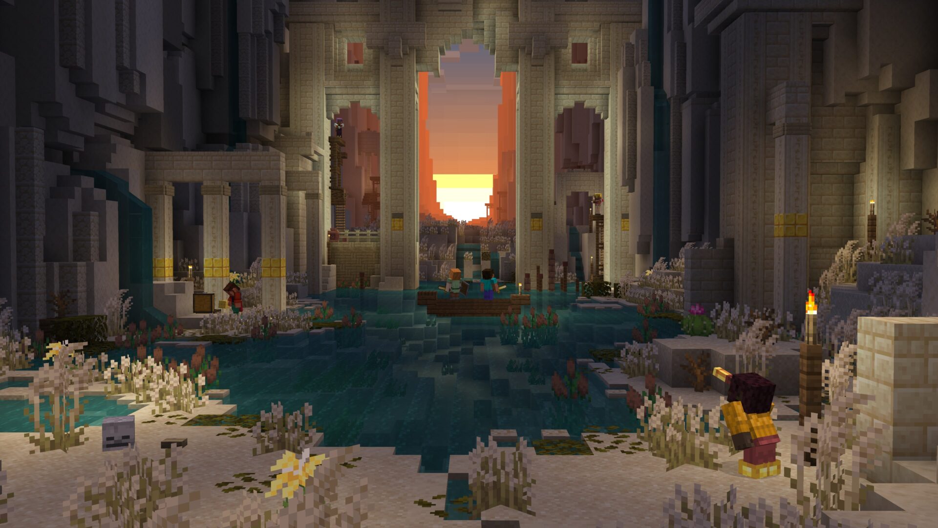 Groupe fouillant des ruines abandonnées dans le désert.