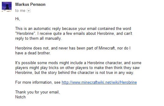 Mail automatique envoyé par Notch au sujet de Herobrine. 