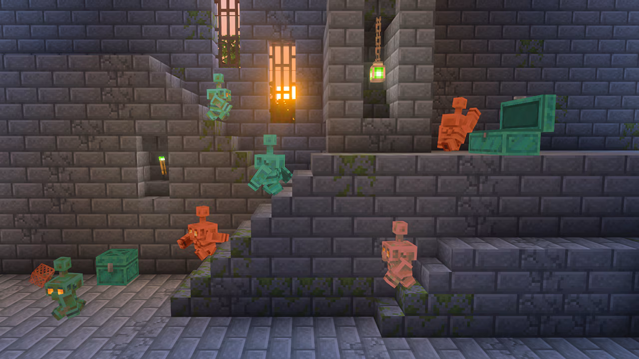 Plusieurs golems de cuivre explorent des escaliers en pierre, lanternes allumées.