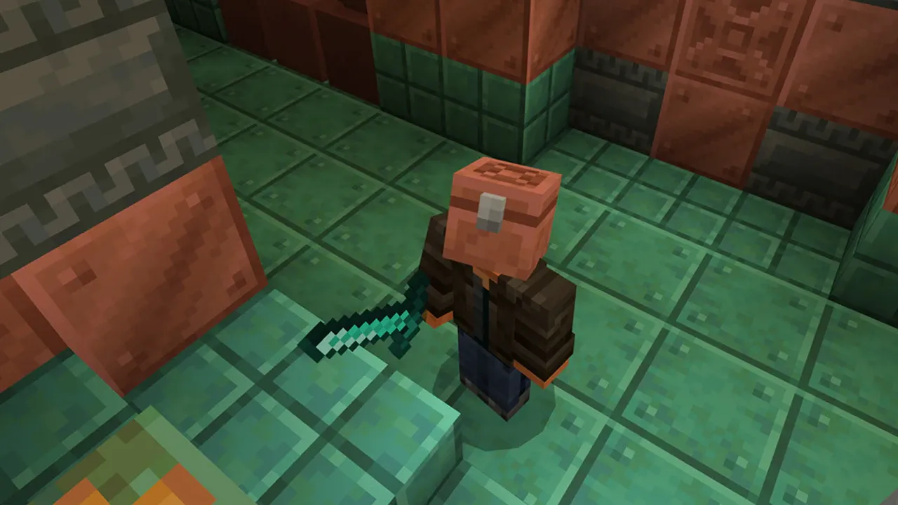 Joueur avec le Copper Collector sur des blocs de cuivre oxydés.