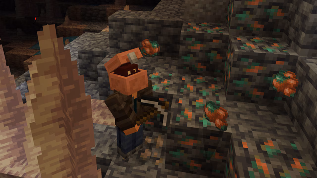 Joueur Minecraft portant le Copper Collector et minant du minerai de cuivre.