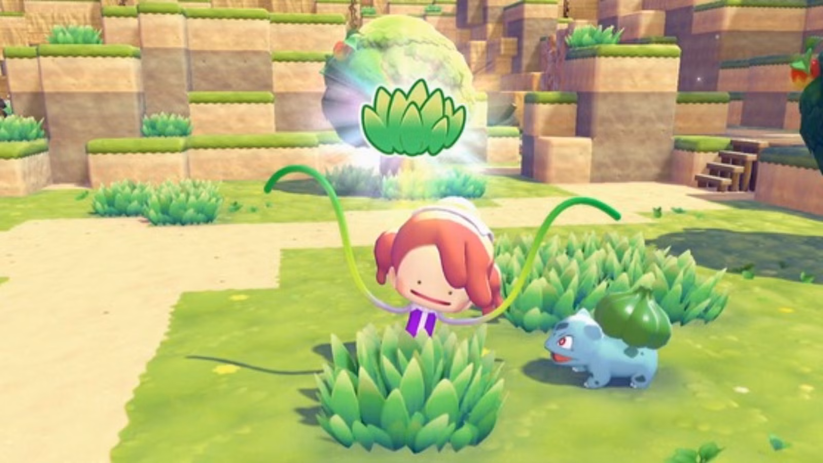 Personnage humain de Pokémon Pokopia aux côtés de Bulbizarre ramassant de l'herbe