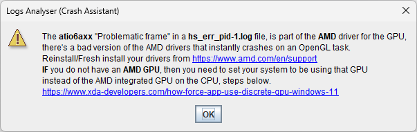 Fenêtre d’analyse des logs affichée par Crash Assistant après un crash lié aux pilotes AMD.