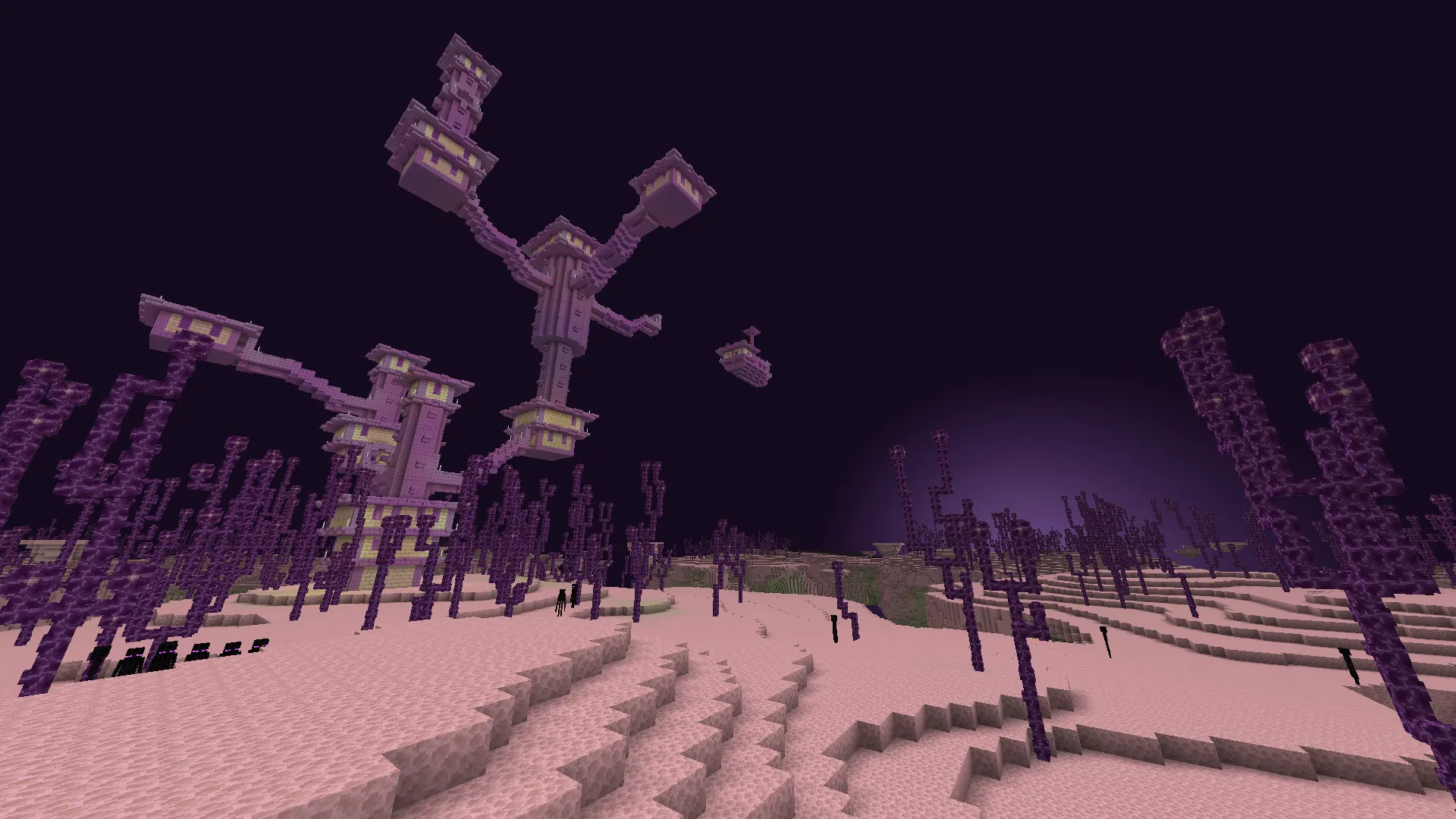 Ciel recoloré de l’End avec le pack Fresh Environment dans Minecraft.