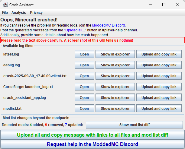 Interface principale de Crash Assistant après un plantage de Minecraft