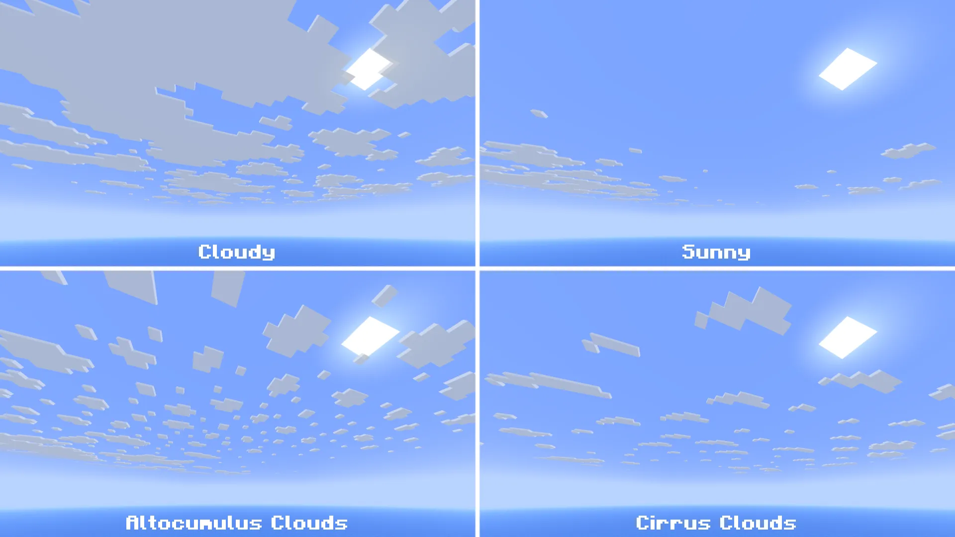 Différents types de nuages visibles dans Minecraft avec le pack Fresh Environment.
